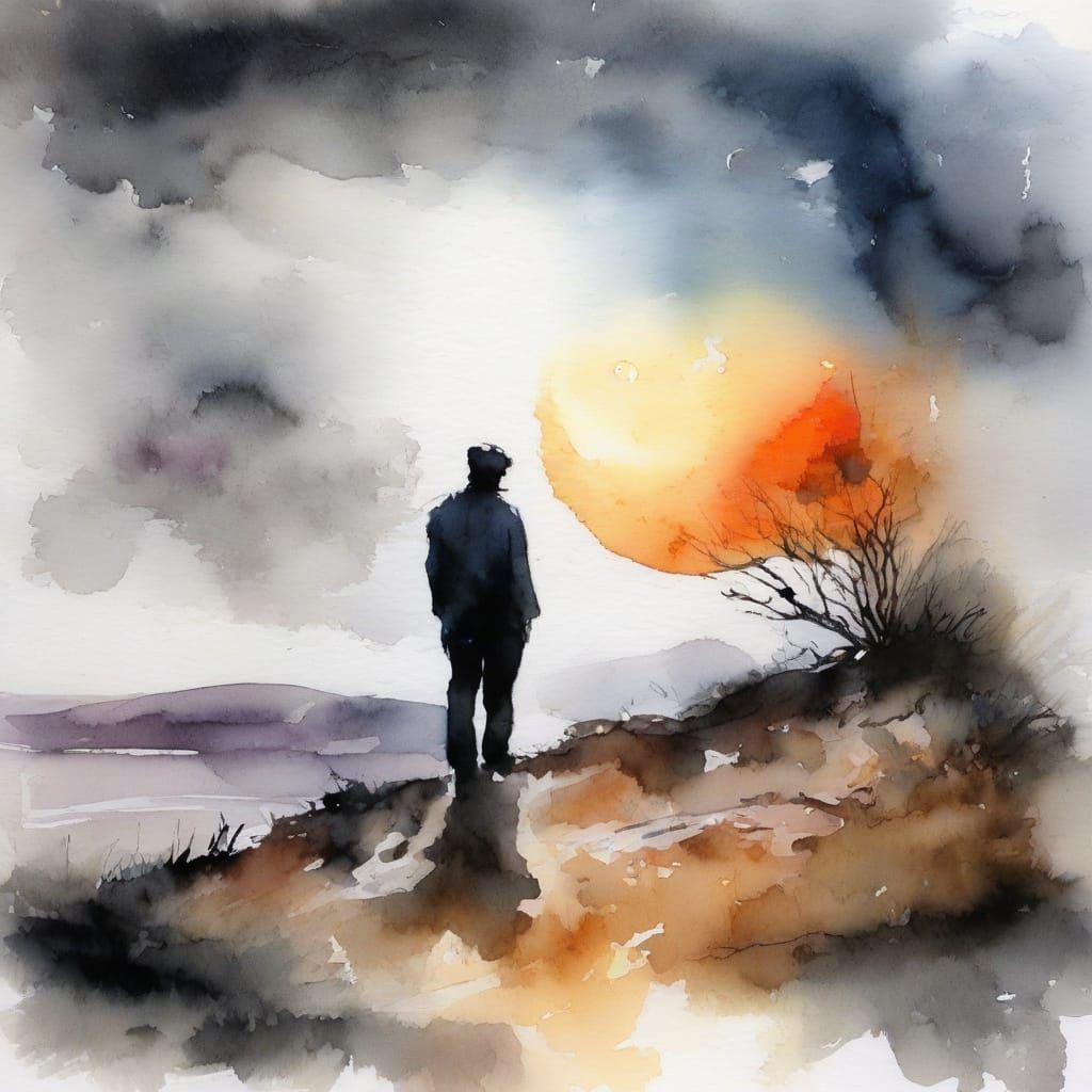 Moonlit Figure in Expressive Watercolour Splash Art