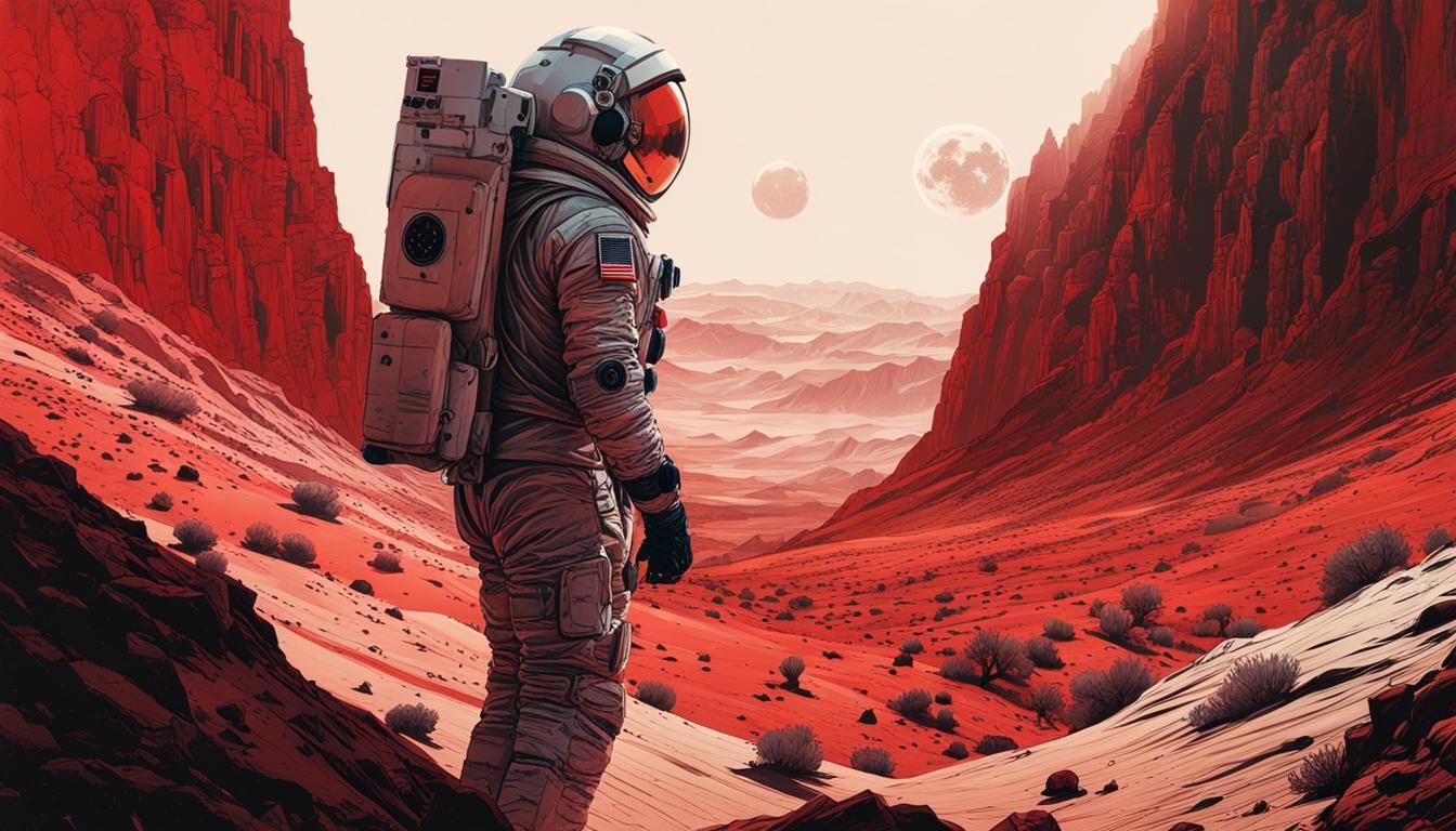 Astronaut's Solitude on a Red Planet Canyon
