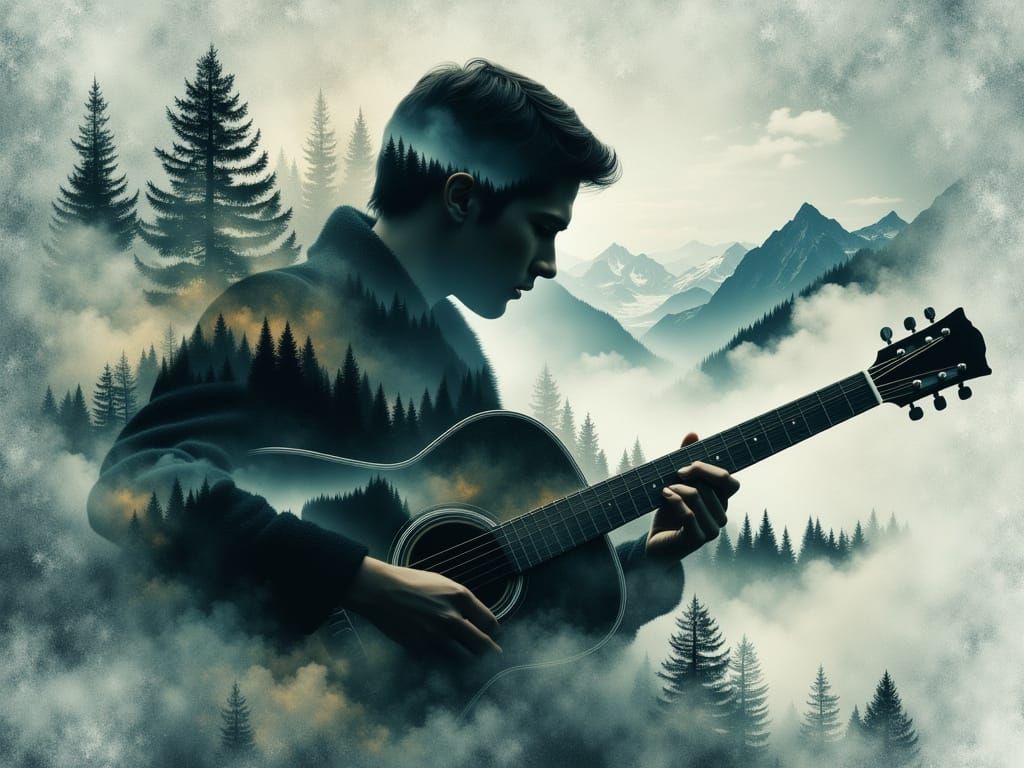 Mountain Landscape Guitarist in Dreamy Watercolor Style