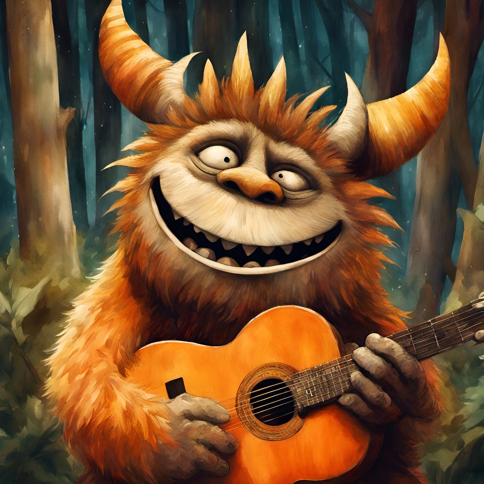 Chubby Monster Plays Guitar in Magical Forest