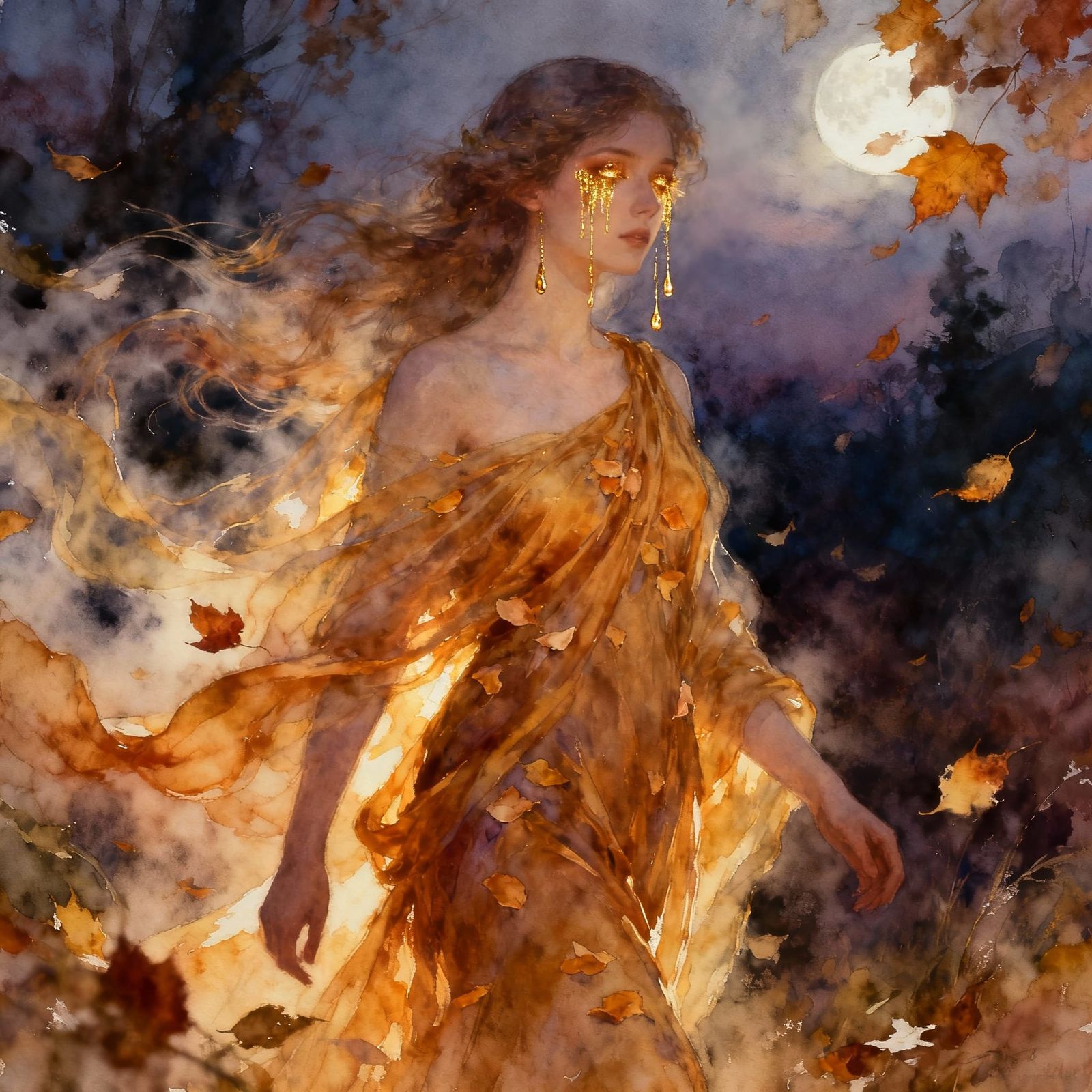 Celestial Woman in Autumn Dusk, Melancholic Portrait