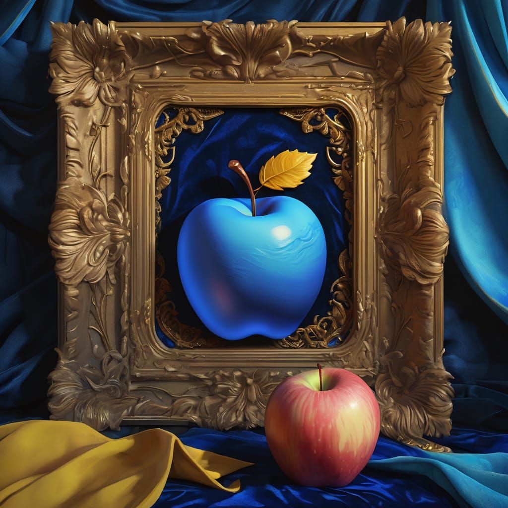 Surreal Still Life in a Gilded Frame with a Luminous Apple