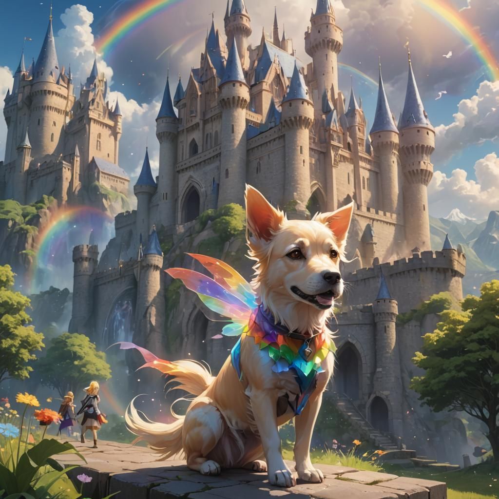 Rainbow Dog and Magical Castle in 3D Anime Art