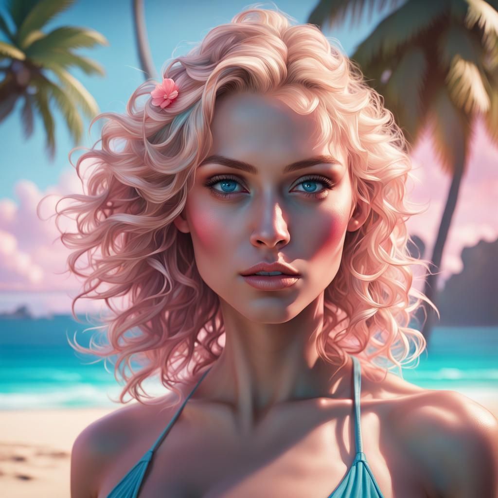 Tropical Beach Portrait with Woman, Hyperdetailed Art