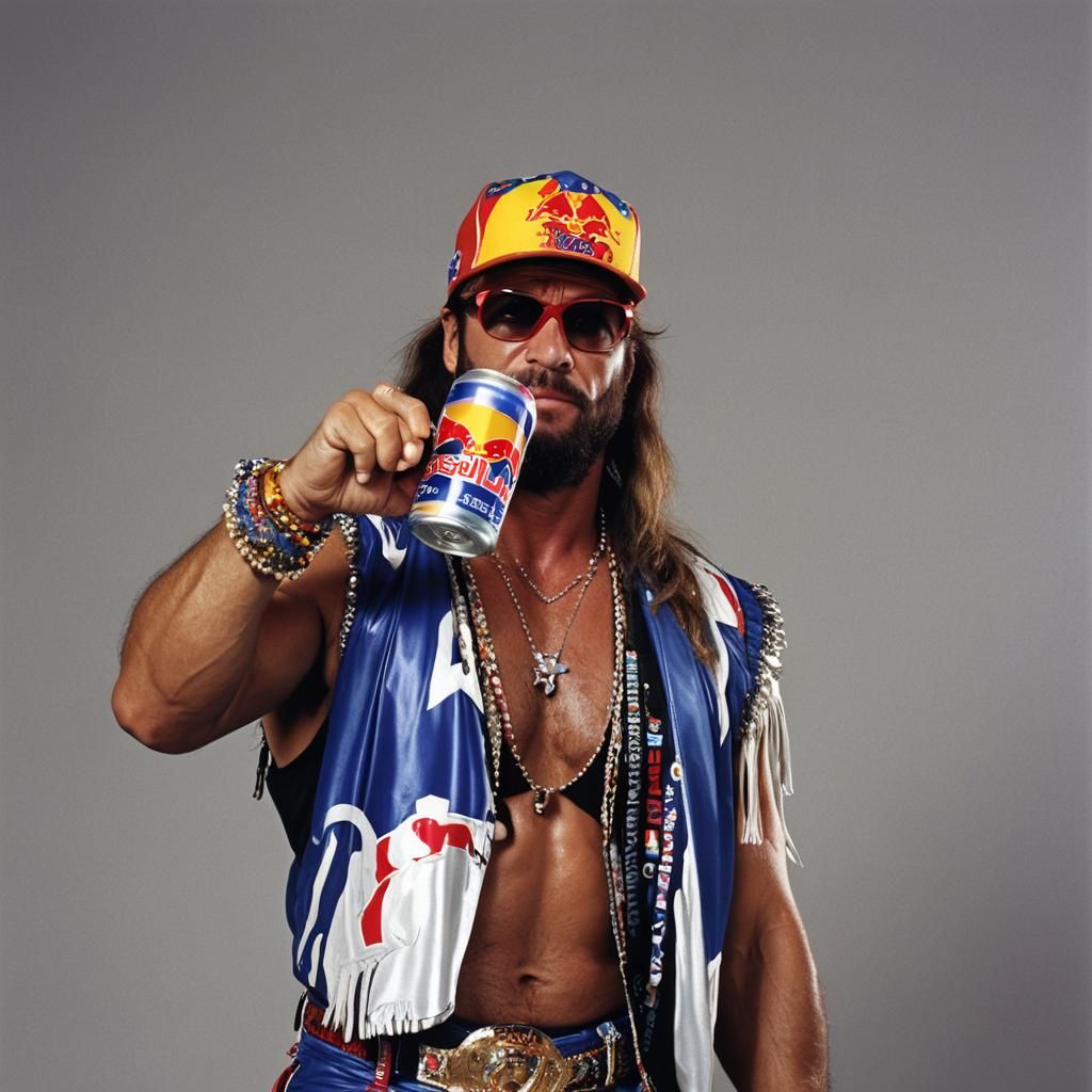 Macho Man Drinks Red Bull: Energetic Illustration