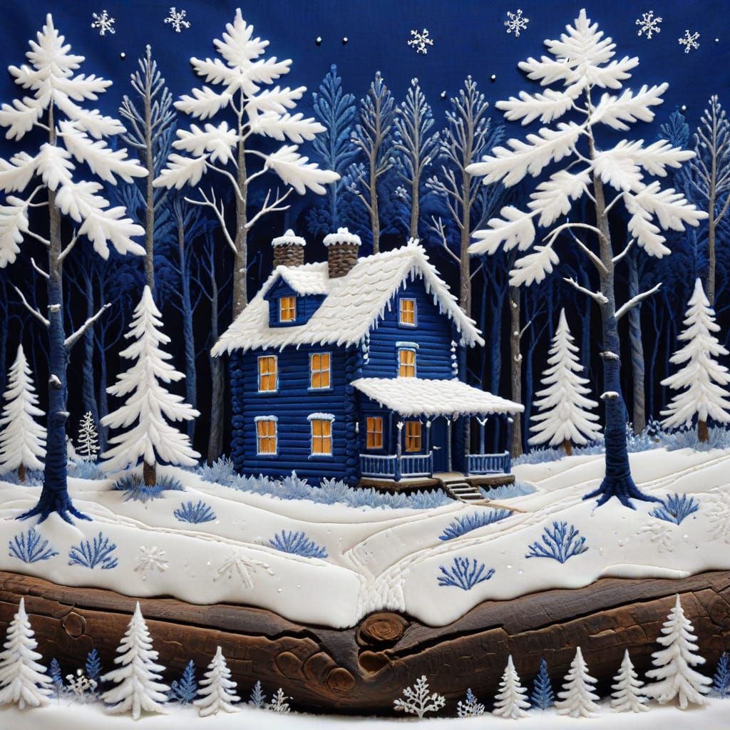 Victorian Embroidered Cobalt Blue Winter Landscape