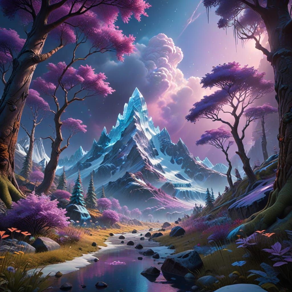 Majestic Mountain Peak in Vibrant Ice Forest