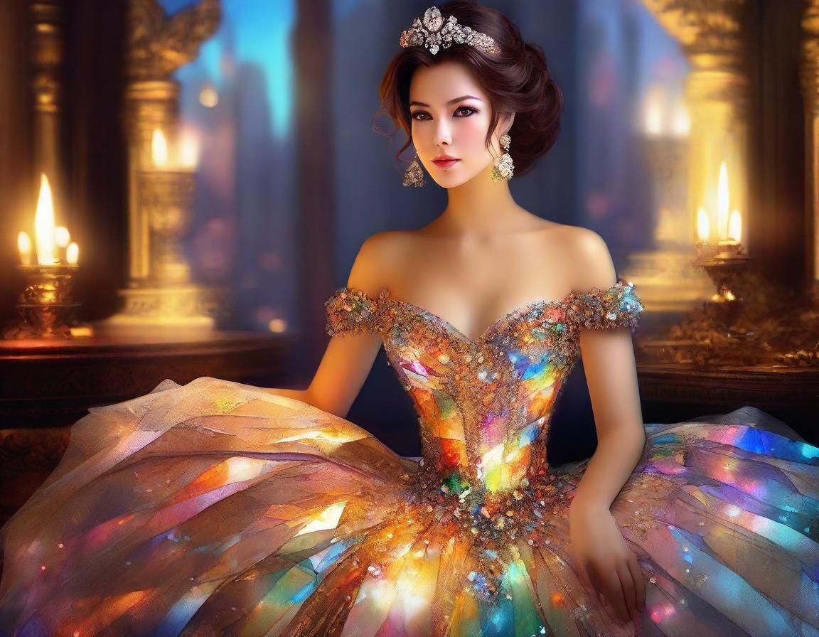 Anime Lady in Glowing Gown with Triadic Colors