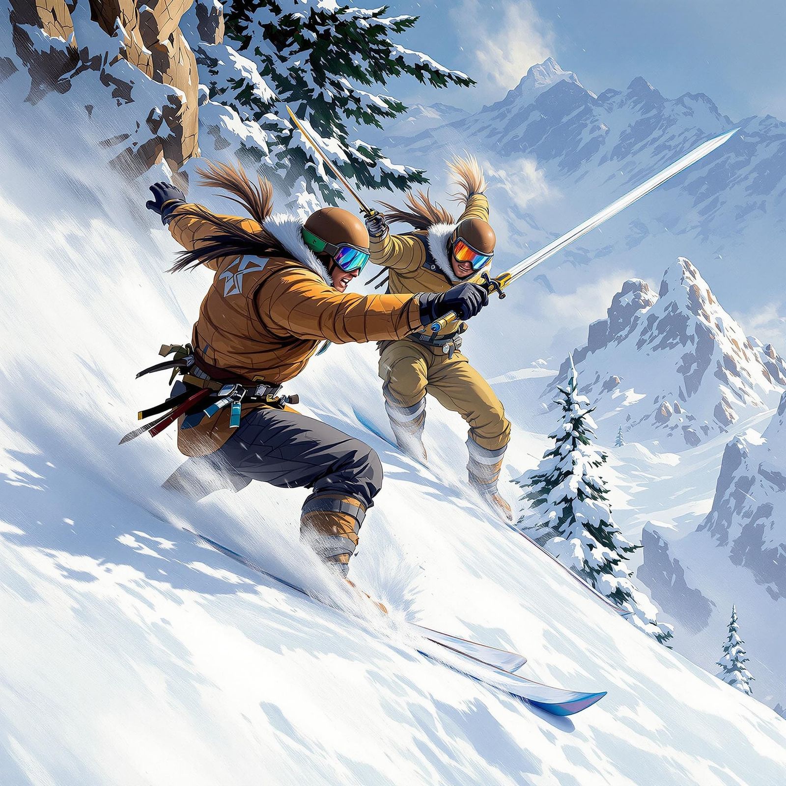 Men Engage in Intense Sword Duel Down a Snowy Mountain in Fa...