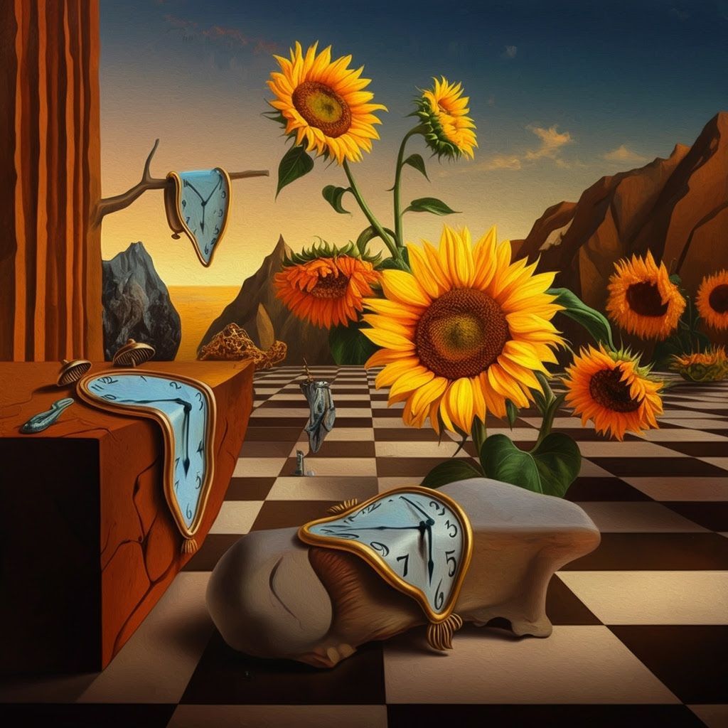Melting Clocks & Sunflowers on Checkerboard Floor