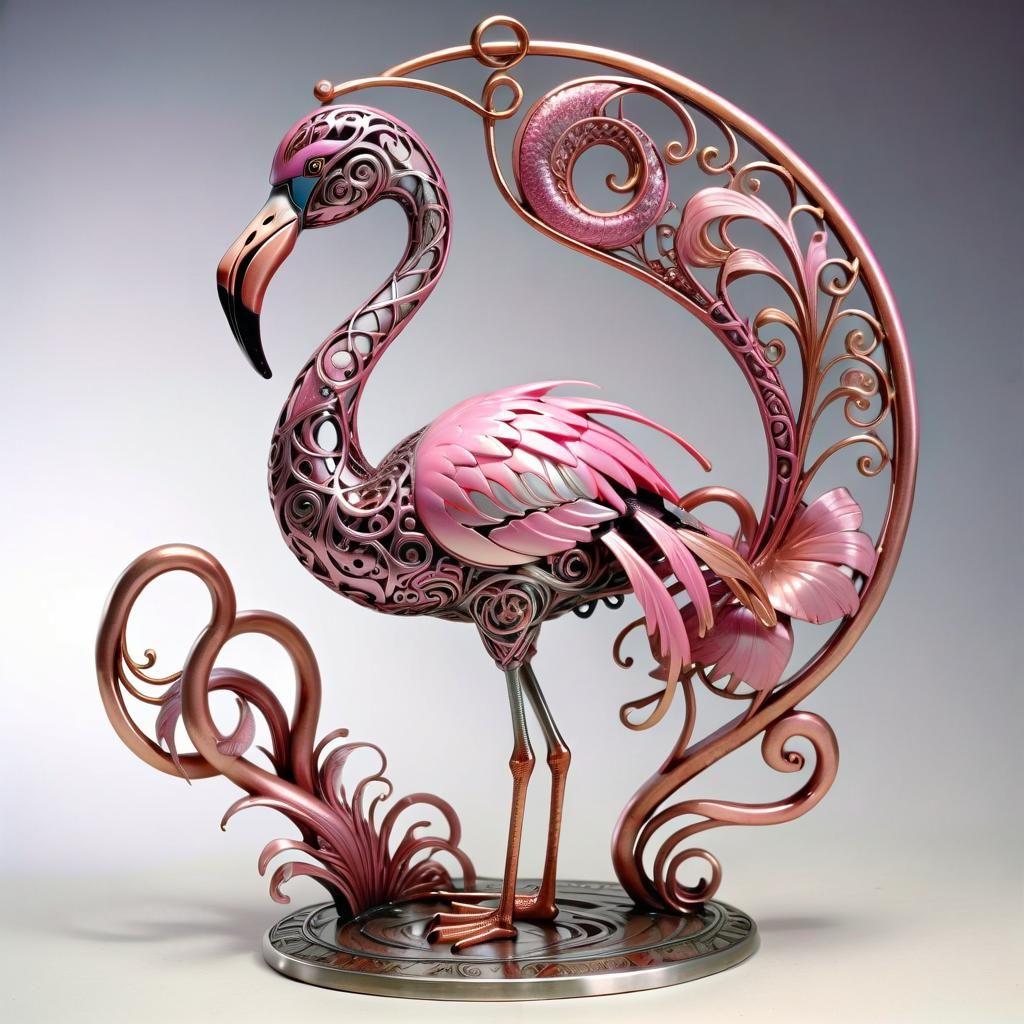 Pink Flamingo Cyborg in Art Nouveau Style