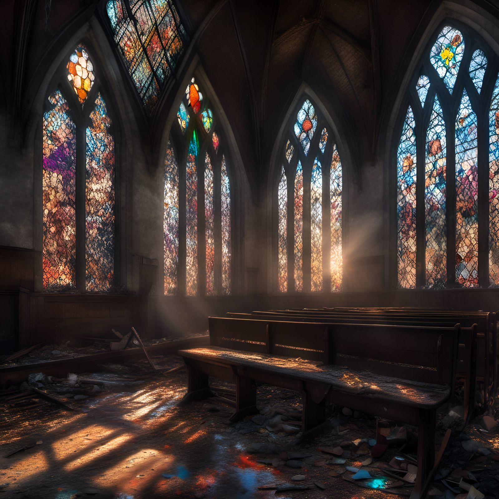 Burnt Church Interior with Stained Glass