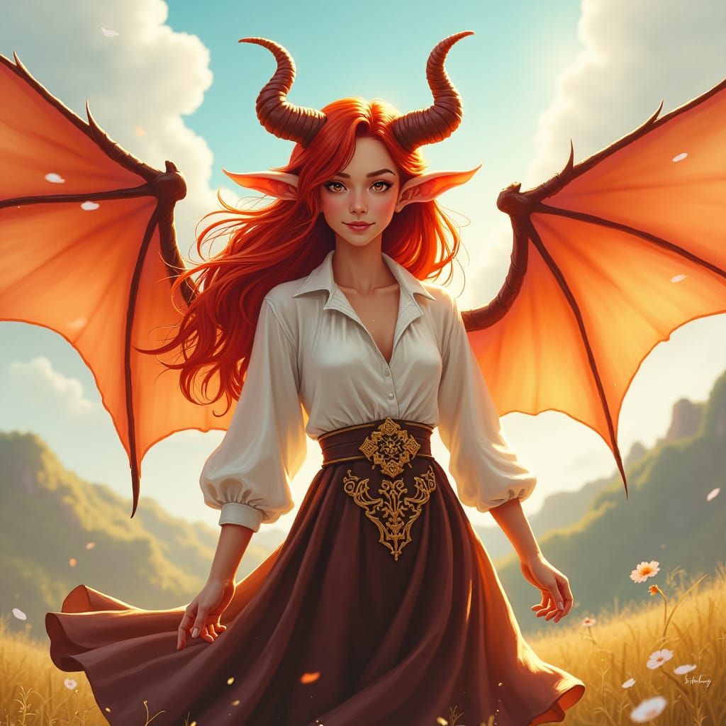 Smiling Tiefling Female with Wings in Ethereal Style