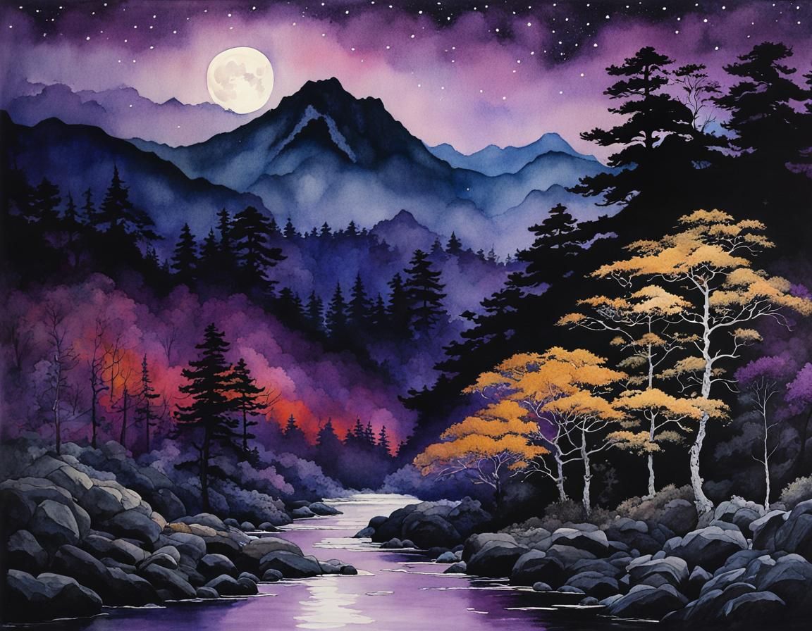 Mystical Forest Creek in Dark Watercolor Landscape