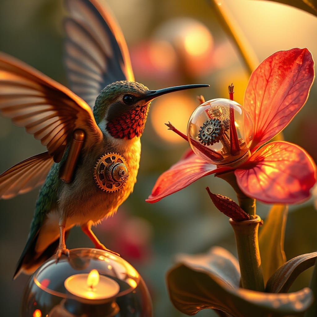 Steampunk Hummingbird in Art Nouveau Style Sips Nectar from ...