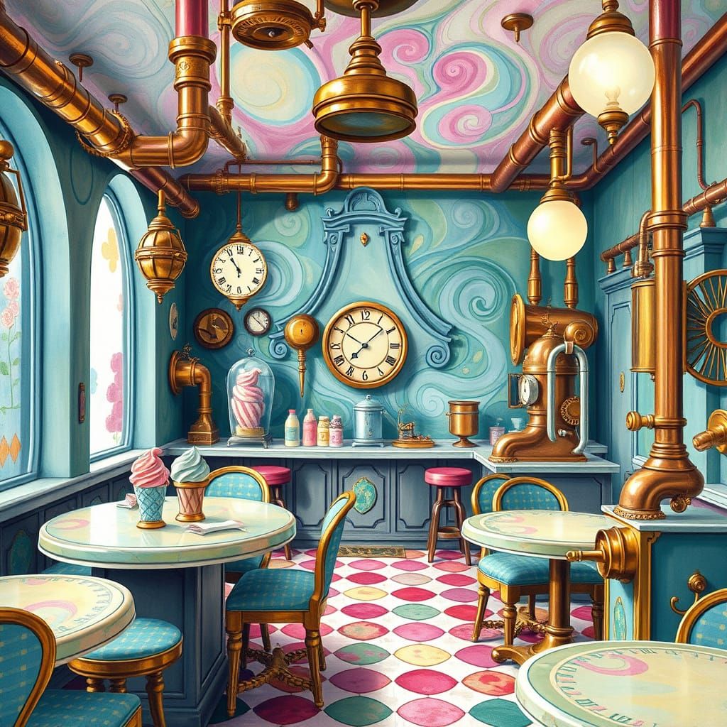 Whimsical Steampunk Ice Cream Parlor in Vibrant Candyland Co...