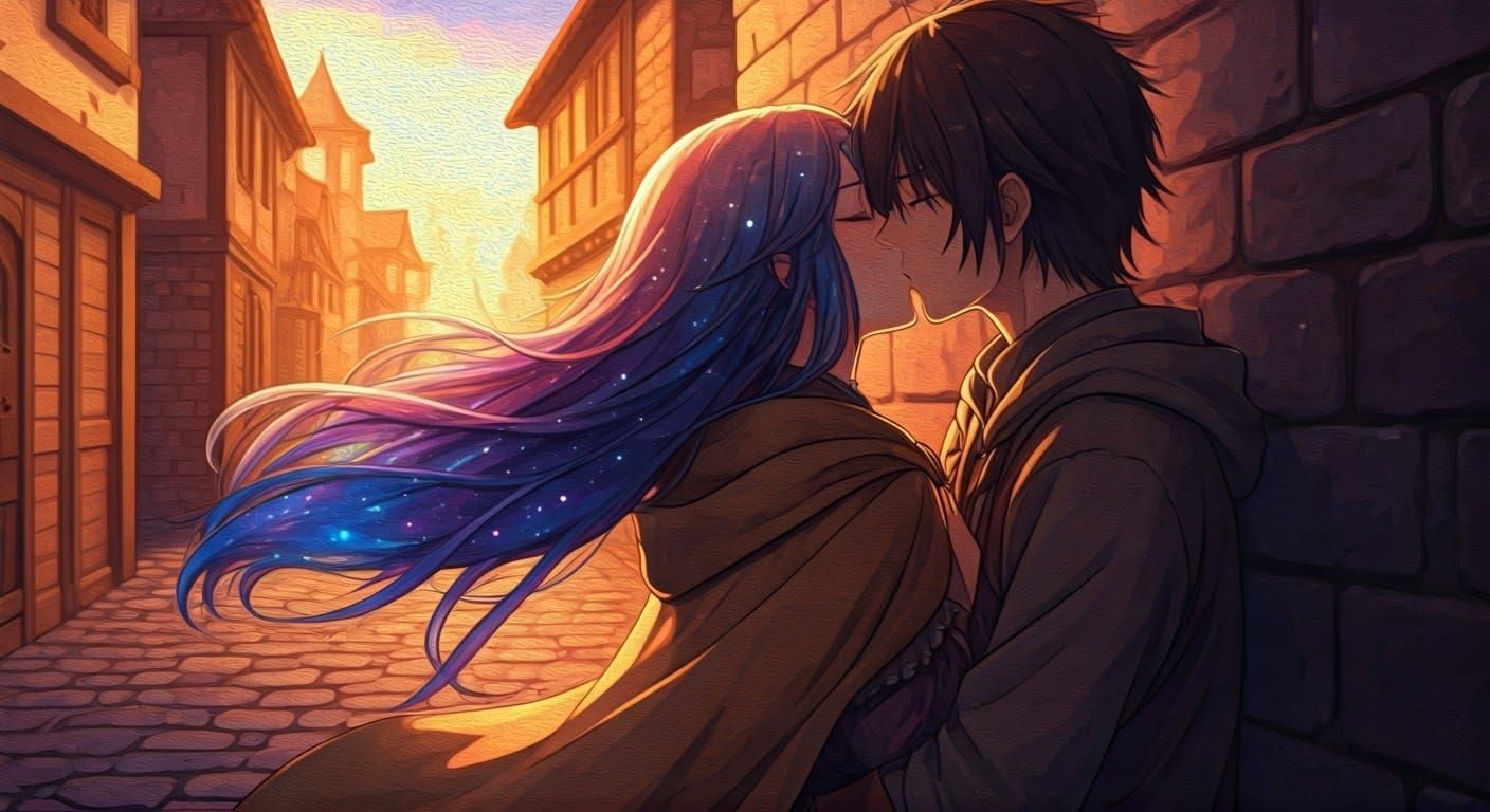 Anime Kiss on Cobblestone Street in Impressionism Style