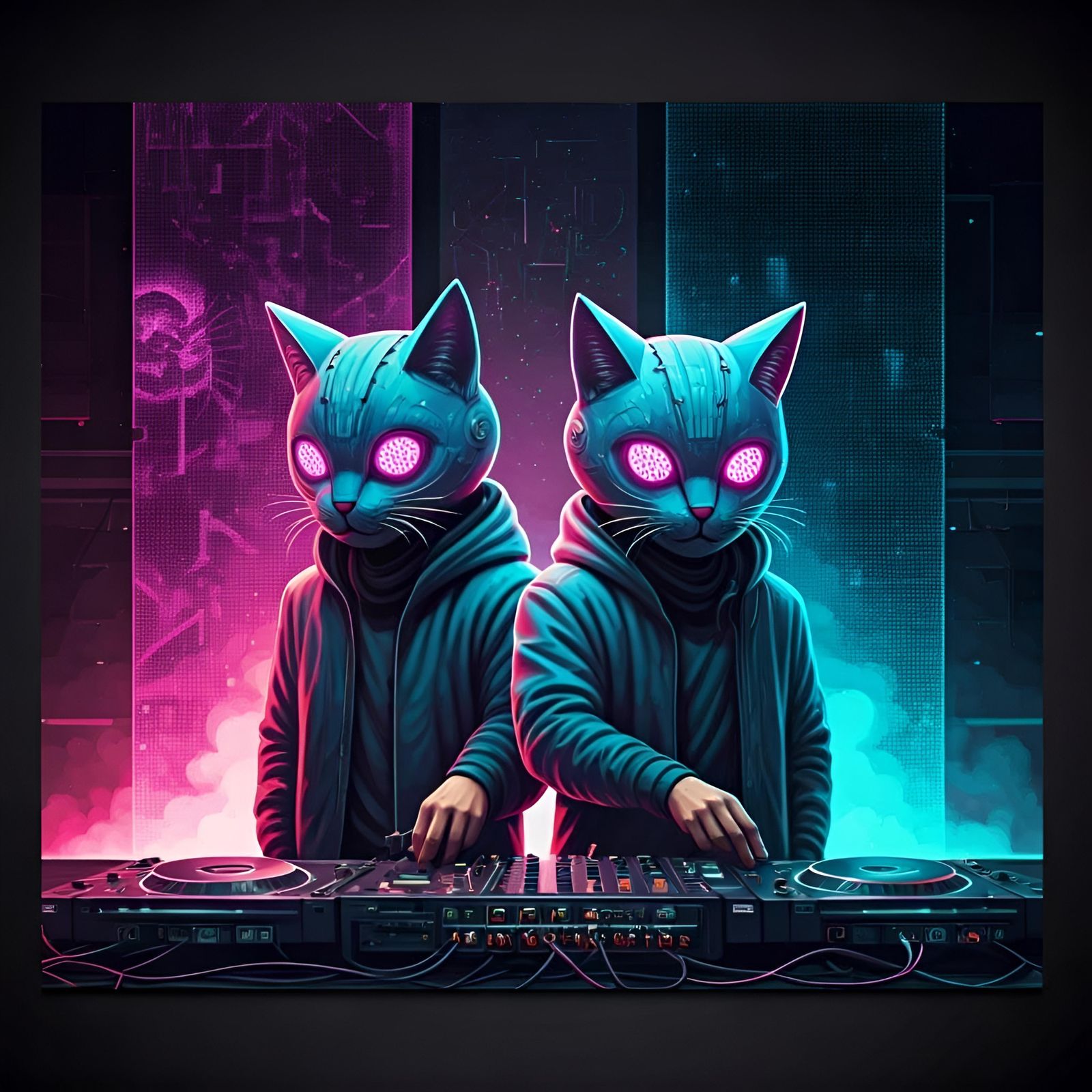Cyberpunk Vinyl Cover: Electric Kitten DJing in Neon