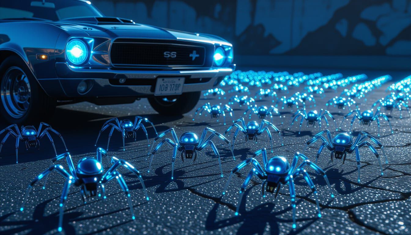 Glass Cyber Spiders Attack 1970s Muscle Car