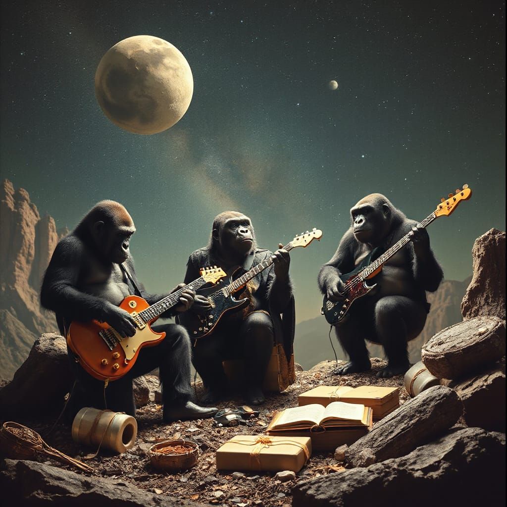 Magical Quirky Primitivism Rock band of gorillas Playing Spa...