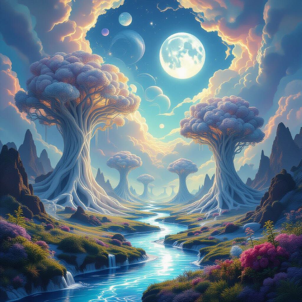 A surreal landscape where giant, crystalline trees are forme...