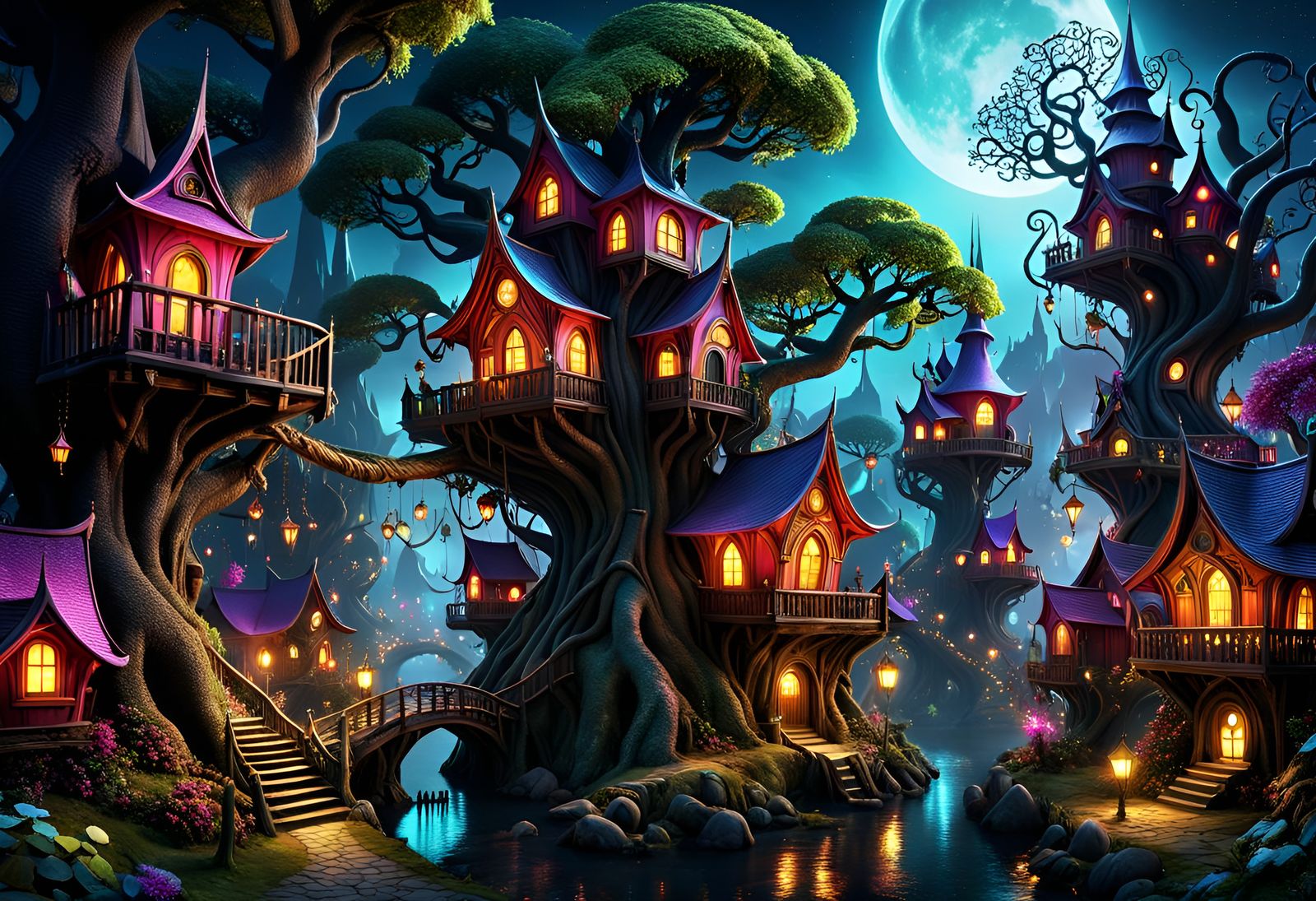 Glowing Tree Village in Dark Fantasy Goblincore Style
