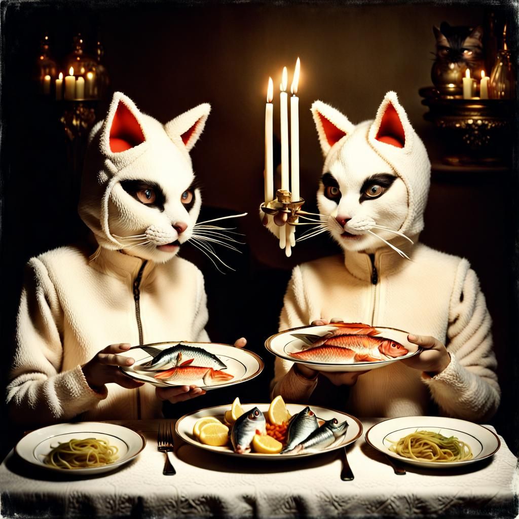 Romantic Vintage Photo of Cat-Costumed People Feasting