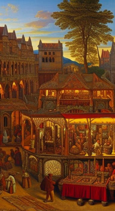Medieval marketplace in golden hour, William Holman Hunt and James Collinson inspired, illuminated stalls, vibrant texti...