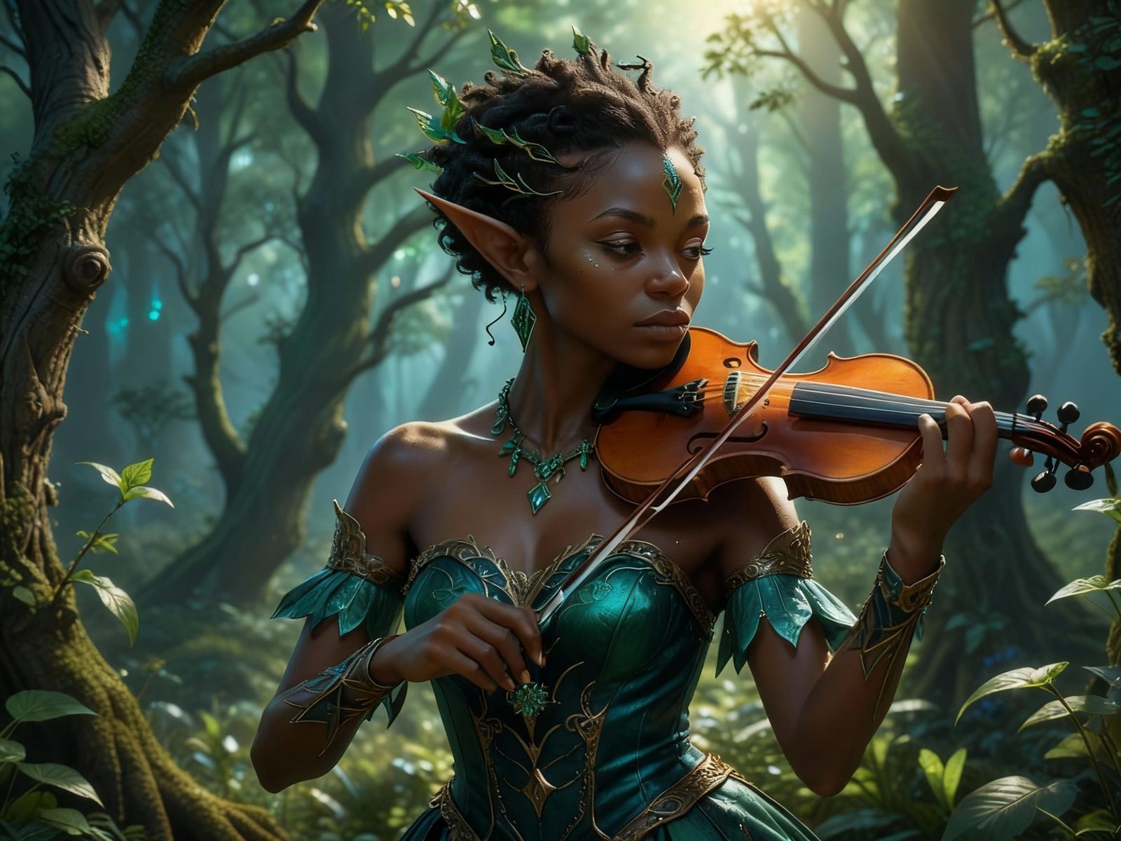 Elegant Black Elf Violinist in Detailed Portrait