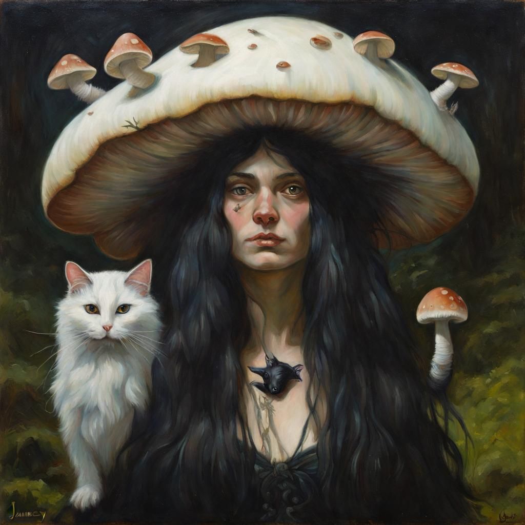 Mushroom Witch Portrait with Caterpillar and Moth