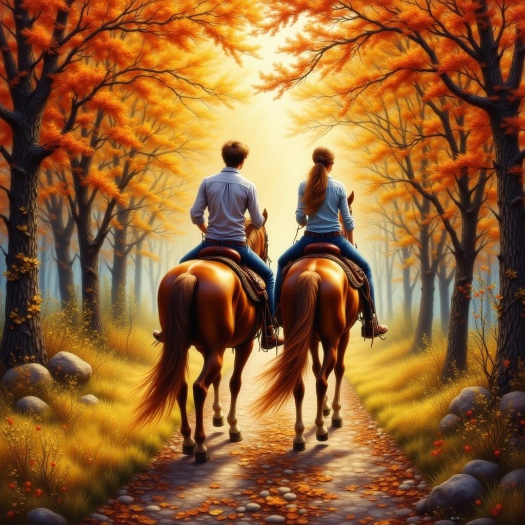 Couple Riding Horseback Through Autumn Forest