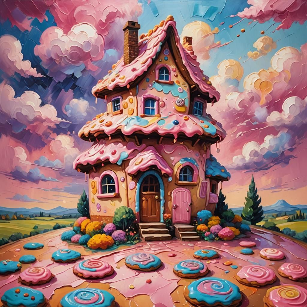 Whimsical Cookie House in Neo-Impressionist Oil Painting