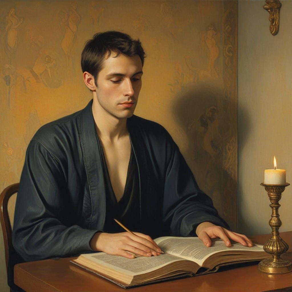 Serene Devout Figure Contemplates Psalm 119 in Candlelit Stu...