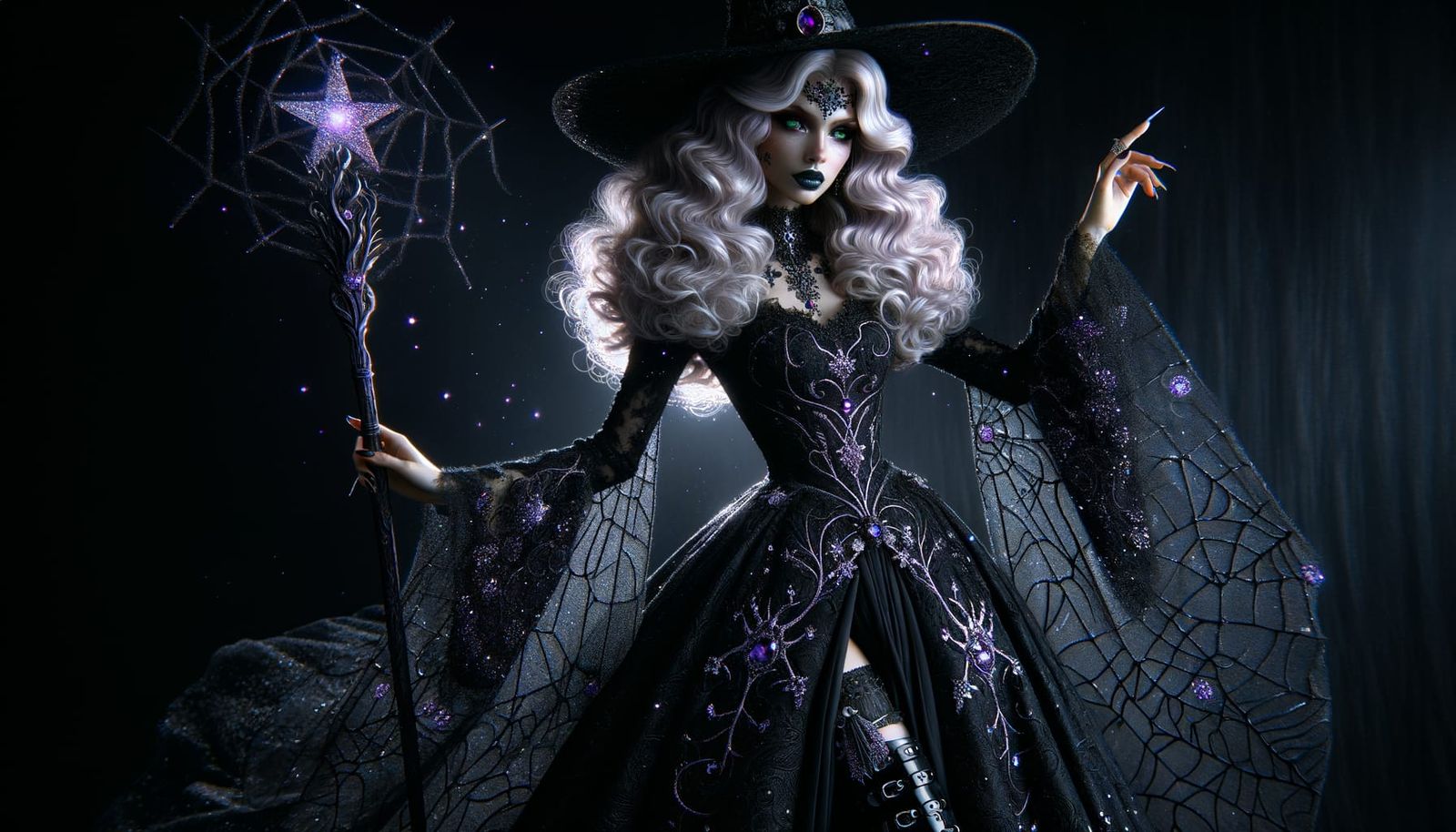 Gothic Witch in Ebony Gown Conveys Unseen Power