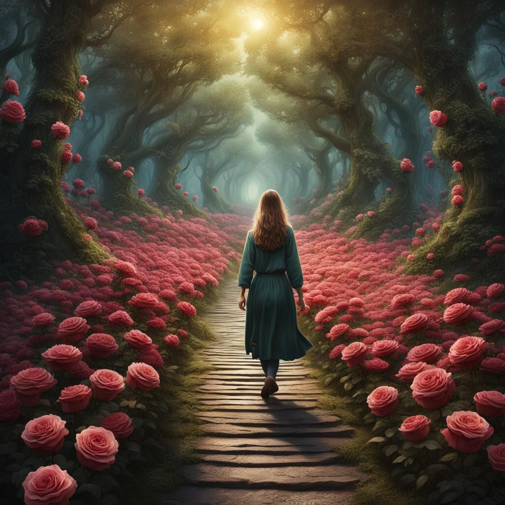 Rose Path Through Forest with Mythical Creatures