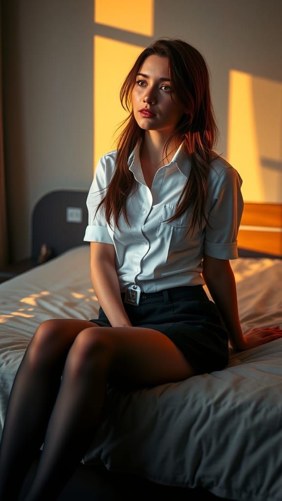 Melancholic Flight Attendant in Cinematic Morning Light