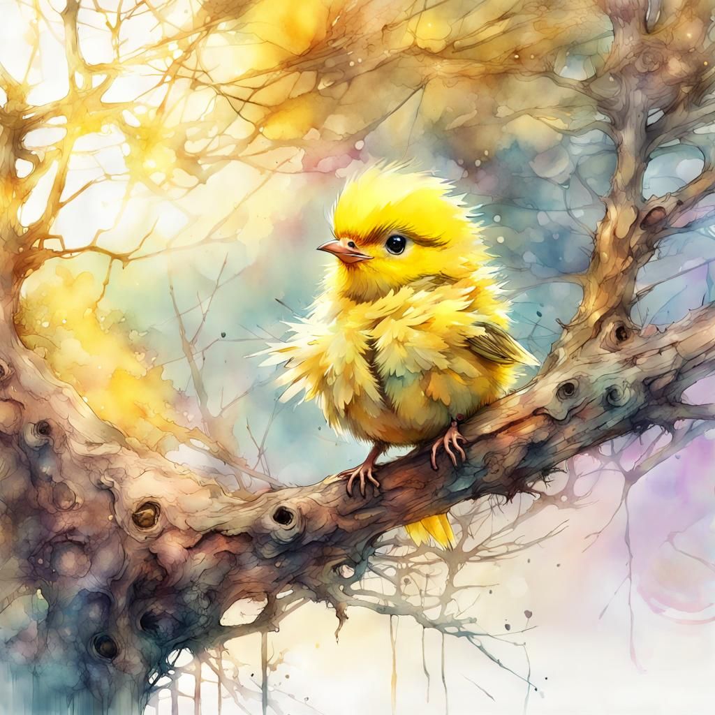 Chibi Yellow Bird in Watercolor Tree