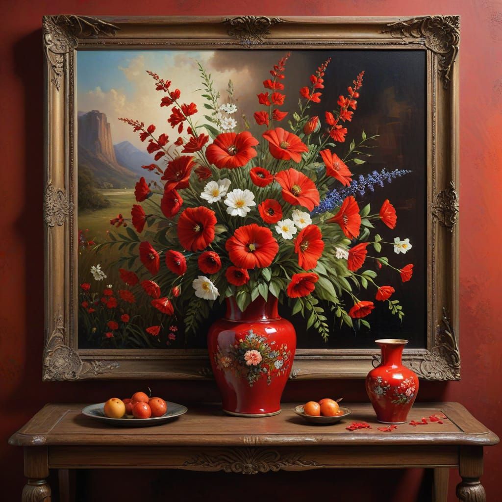 Classic Red Still Life Painting of Flowers in Red Vase