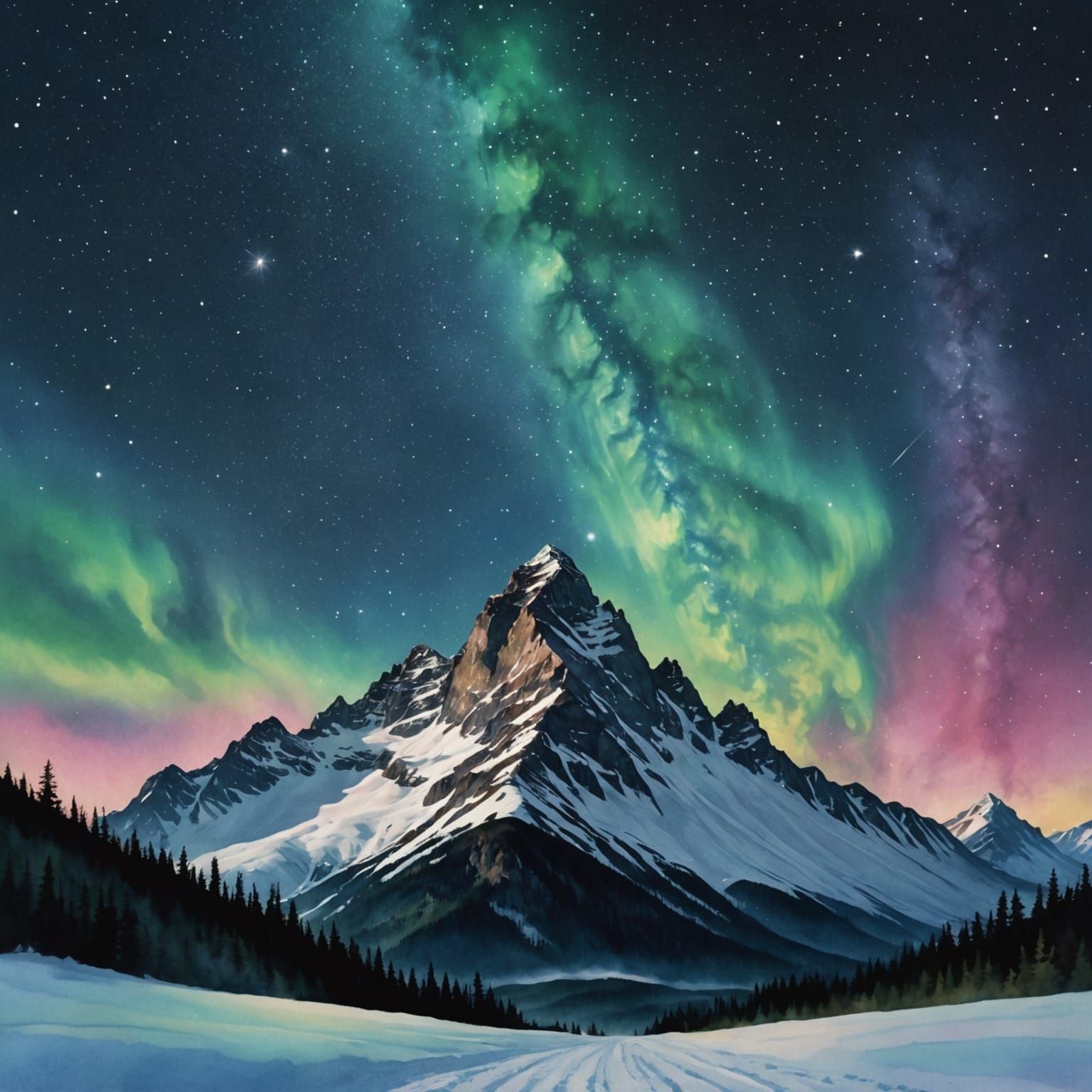 Watercolor Mountain Peak Under Aurora Borealis