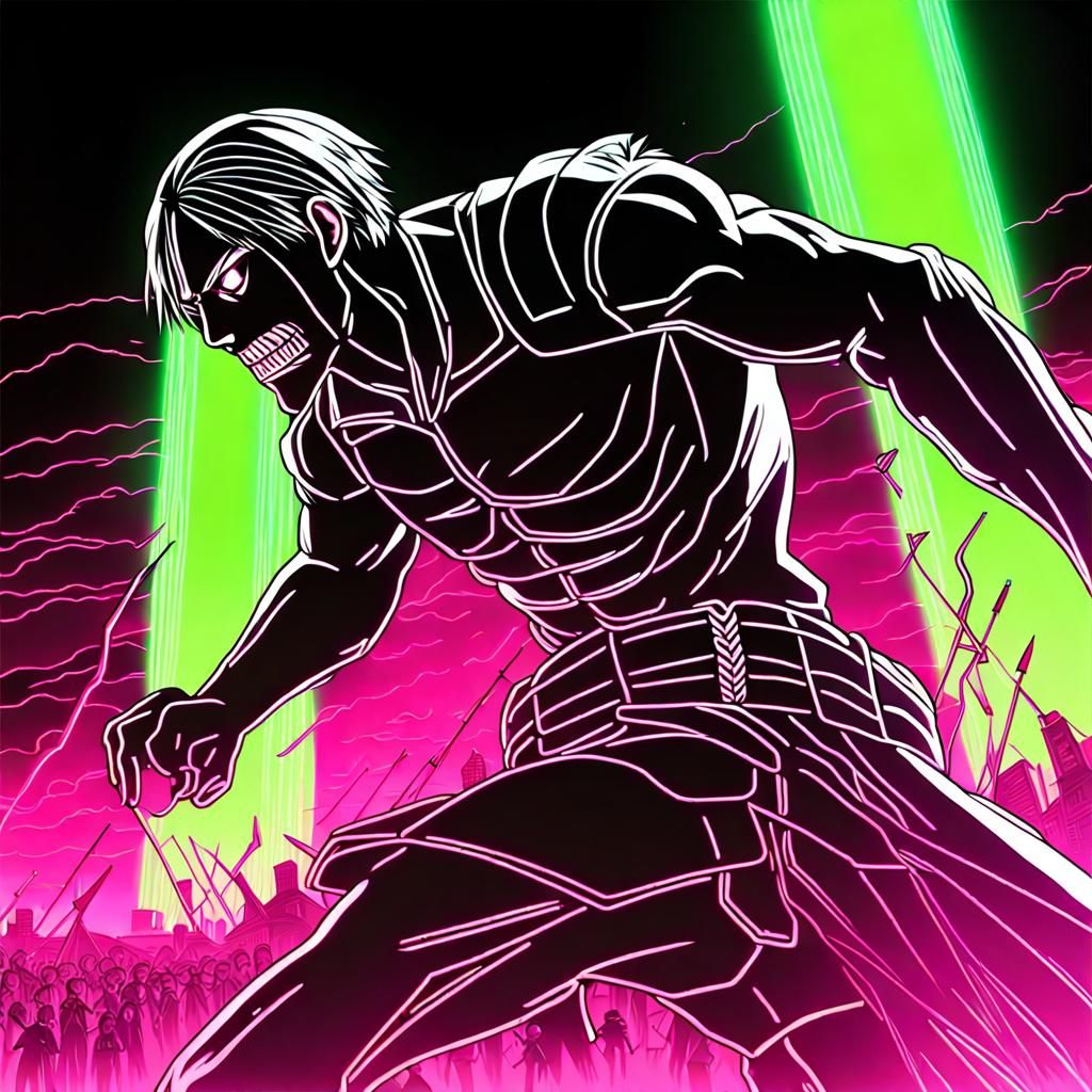 Epic Battle Scene in Black Light Neon Style