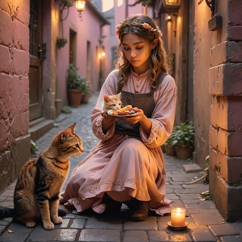 Ethereal Fantasy: Girl Shares Food with Kitten