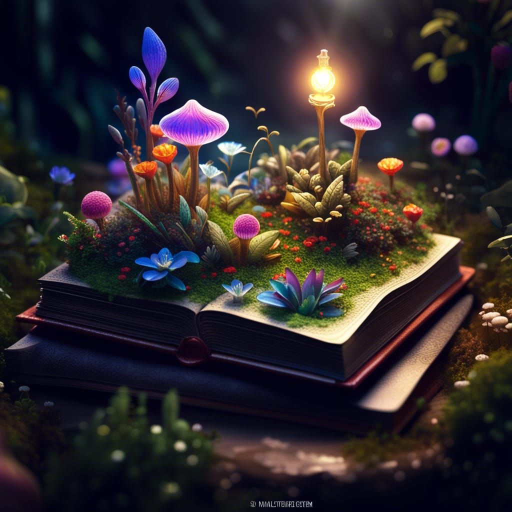 Miniature Garden World in Open Book, Fantasy Art