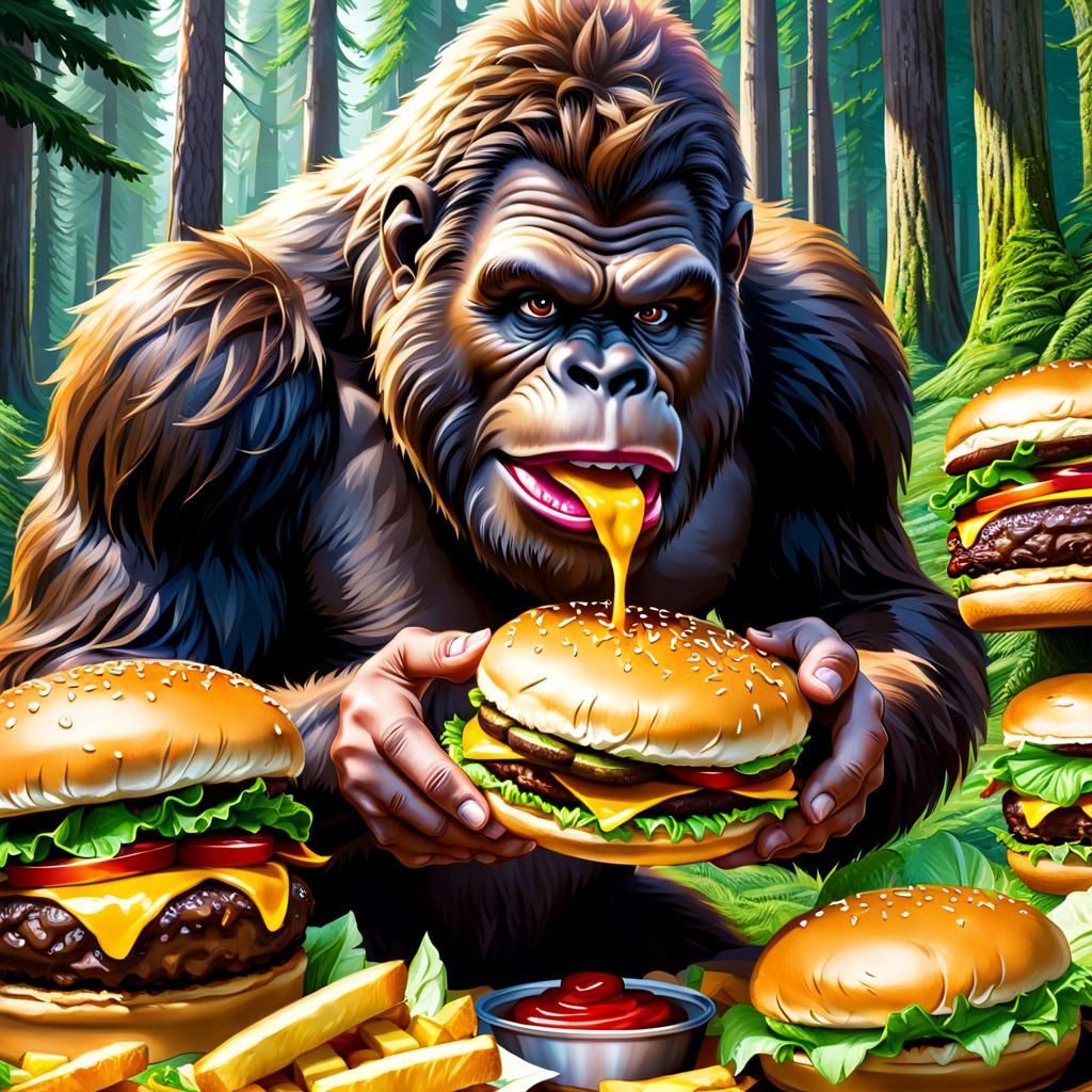 Hyperrealistic Sasquatch Eating a Hamburger