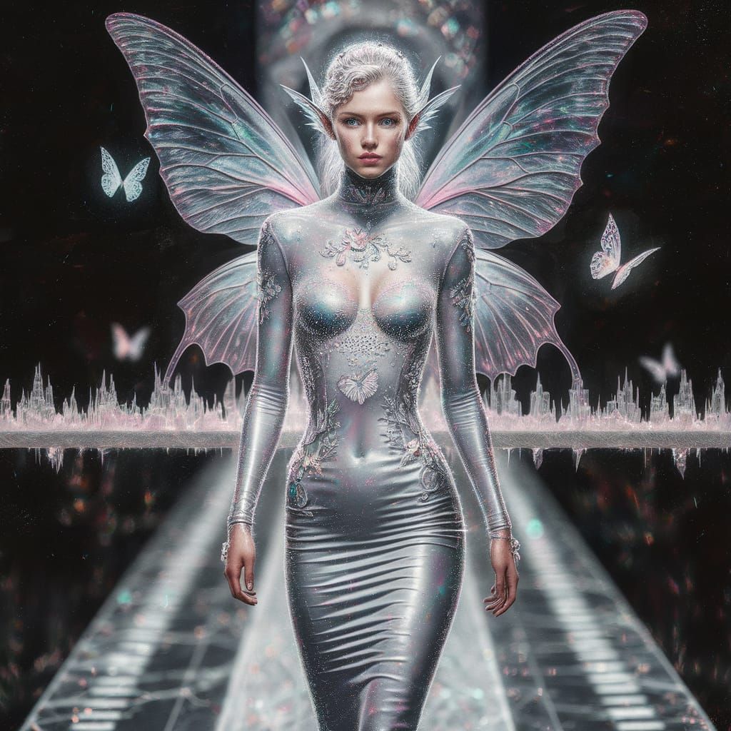 Fairy Woman Walks Catwalk in Futuristic Style