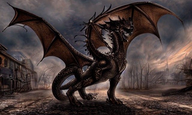 Post-Apocalyptic Dragon Wolf Hybrid in Steampunk Style