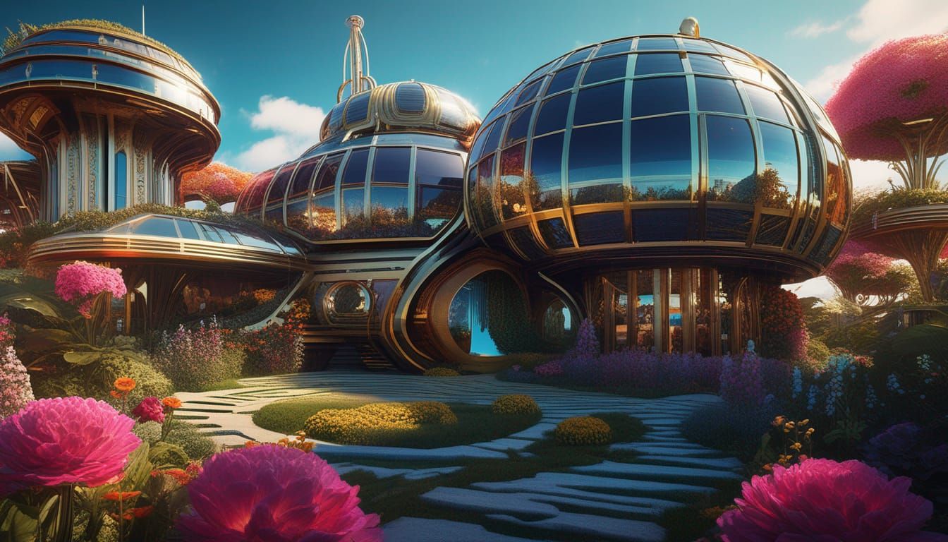 Futuristic Solarpunk House and Flower Garden