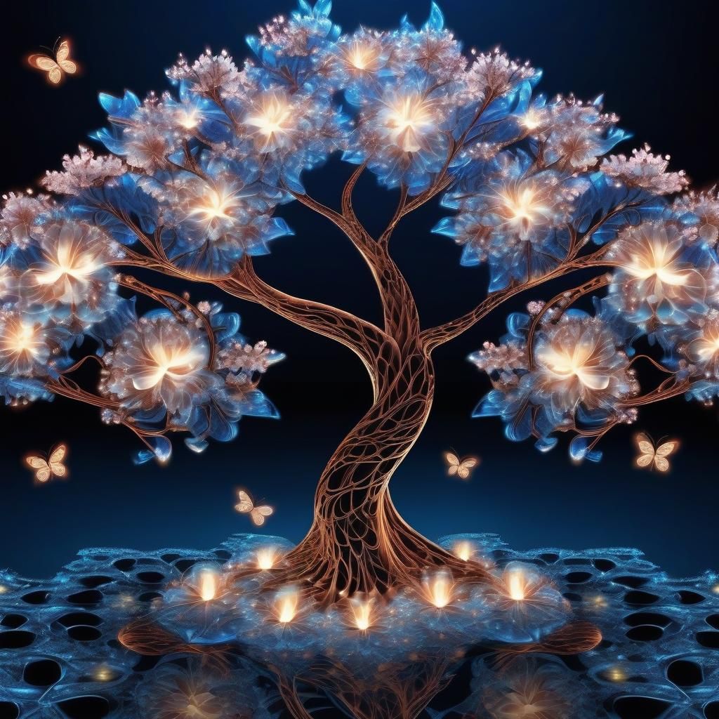 Glowing Blue Cherry Blossom Tree at Night