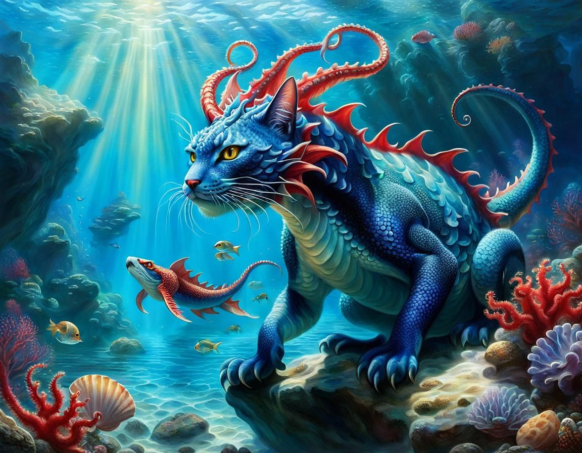 Blue Dragon Cat Underwater Scene in Ethereal Fantasy Style