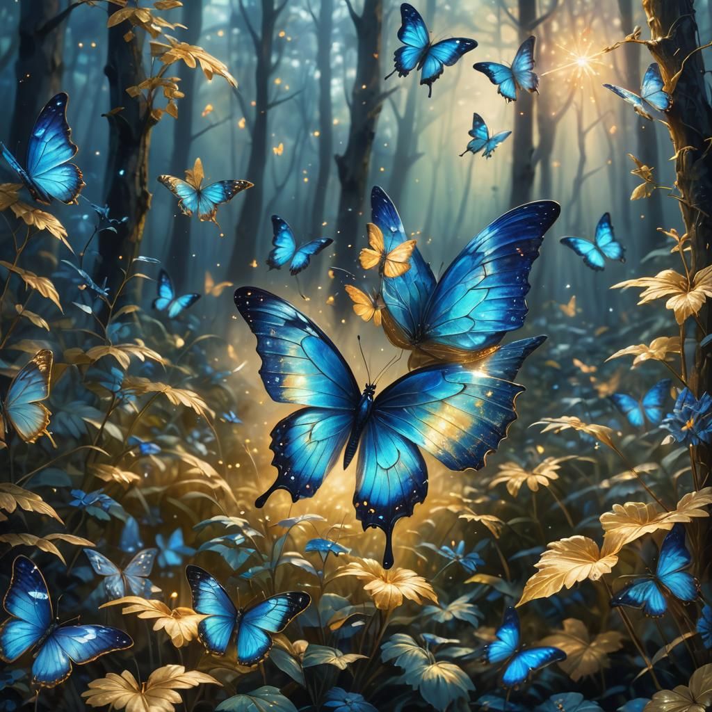 Blue Butterfly in a Fantasy Art Nouveau Style