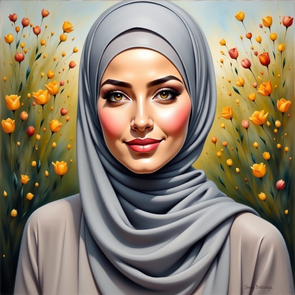 Minimalist Oil Painting: Hijabi Woman in Garden